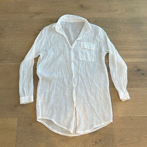 Women’s White Button Down Long Sleeve Shirt Beach Cover Up Sheer Gauzy Blouse - Picture 1 of 8